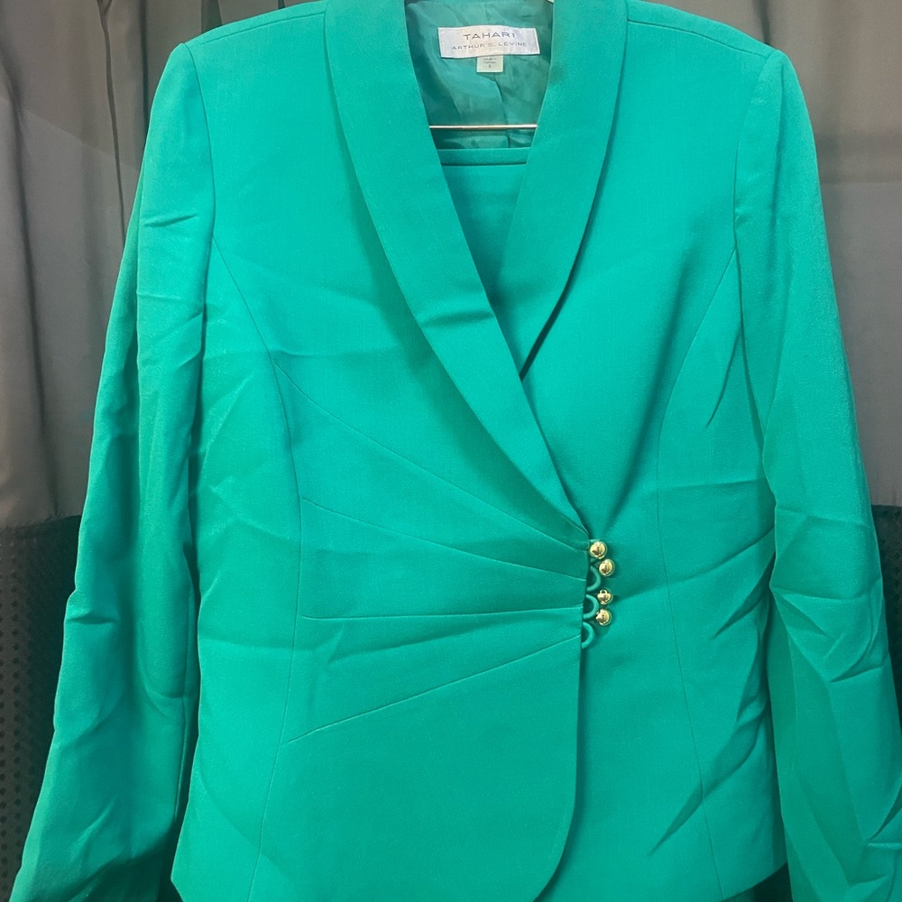 Tahari Emerald Green Skirt Suit with Gold Accents